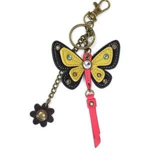 Chala Butterfly Keychain with Pink and Yellow, rhinestones bronze flower